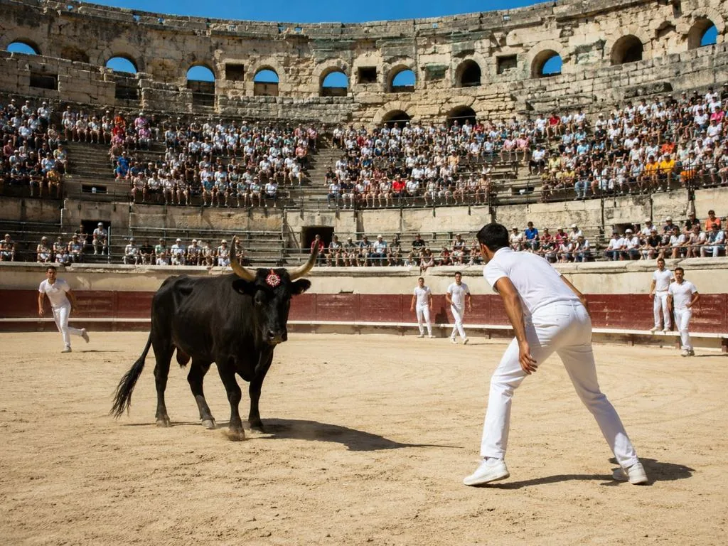 Eine course camarguaise in den Arènes d’Arles, Raseteure in Weiß vor einem Camargue-Stier