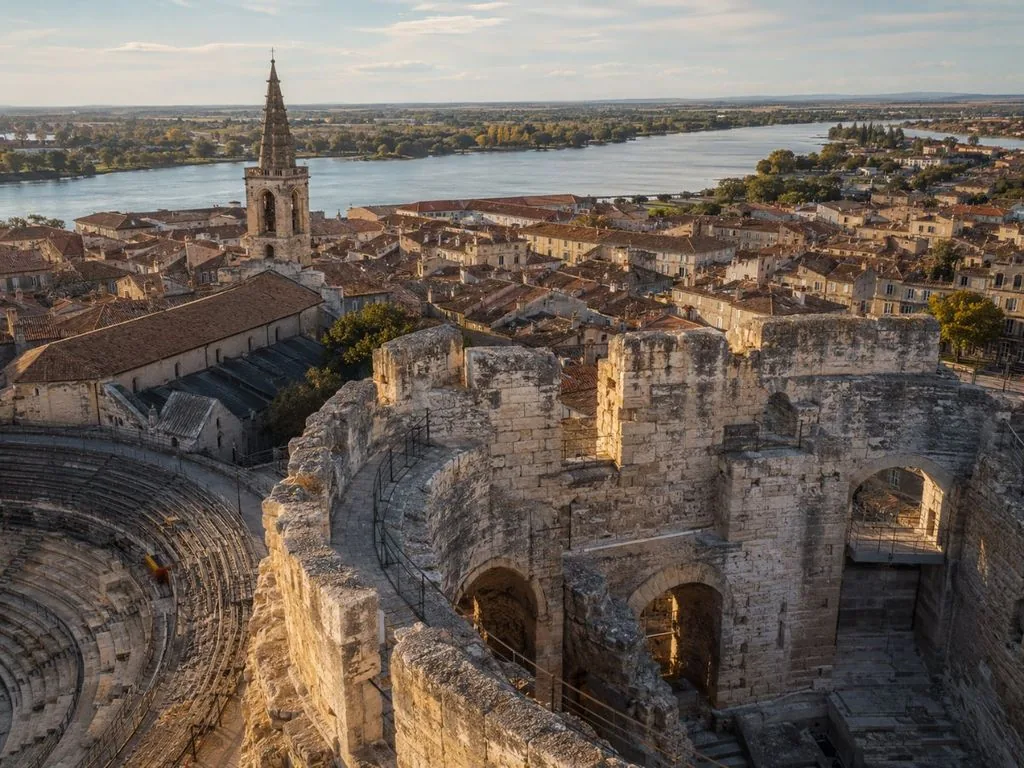 Einer der drei erhaltenen Türme aus dem 12. Jahrhundert an der Außenmauer des Amphitheaters von Arles